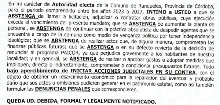 Carta documento de Licera a la jefa comunal intimándola a que se abstenga de tomar algunas medidas antes de diciembre.
