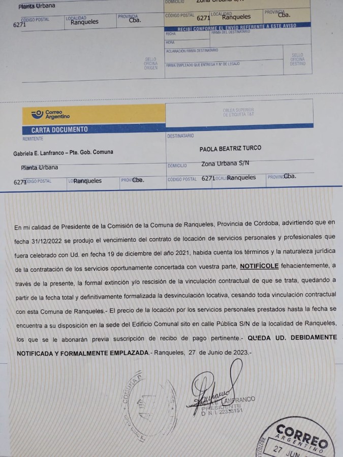 Carta documento enviada por la jefa comunal a Paola Turco notificando el corte de su vínculo laboral por carecer de contrato y no renovarlo.